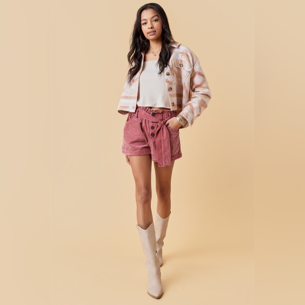Francesca's//Tgla Pink Boho High-Waisted Corduroy Paperbag Tie-Belted Shorts NWT